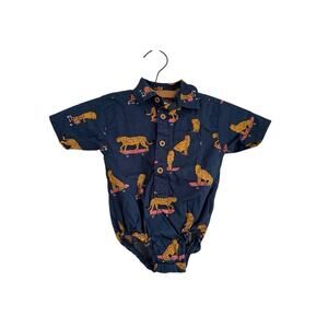 Mick Mack Skateboarding Cheetah Navy Blue Collared Bottom Snap Cotton 6-9 Mo.